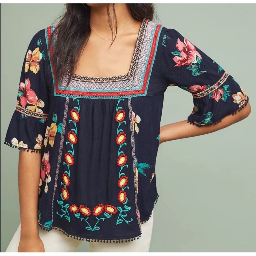 Anthropologie Dakota Embroidered Square Neck Bell Sleeve Top Size XS Boho‎